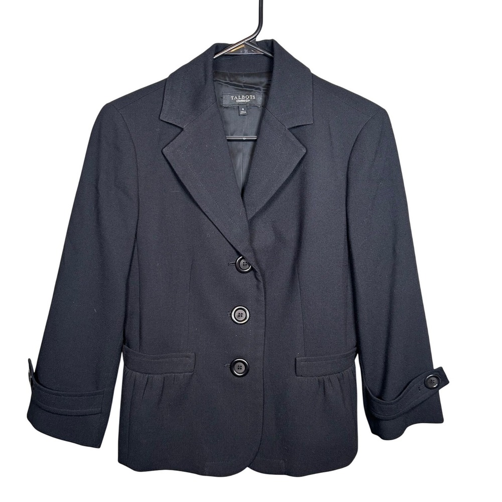 Talbots Blazer Women's 6 Black Peplum 3/4 Sleeve Button Up Professional Career